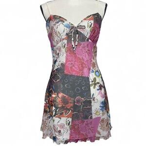 Urban Outfitters Multicolored Floral Patchwork Mini Dress Tie Front Detail Sz M